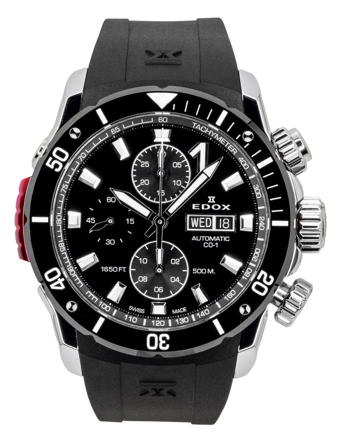 Edox CO-1 Chronograph Rubber Strap Black Dial Automatic Diver's 01128-3NRCA-NN 500M Men's Watch - Edox