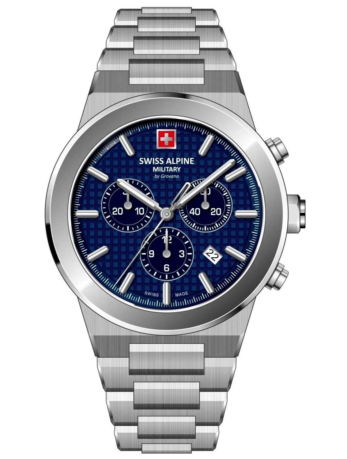 Swiss Alpine Military Pioneer Chronograph Stainless Steel Blue Dial Quartz 7048.9135 100M Men's Watch - Swiss Alpine Military
