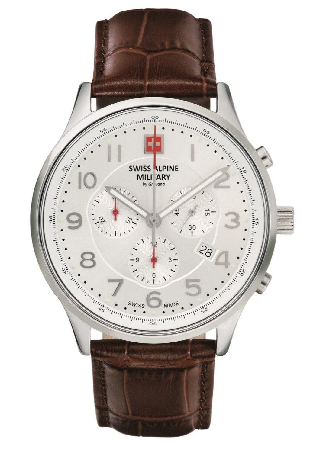 Swiss Alpine Military Skymaster Chronograph Leather Strap Silver Dial Quartz 7084.9532 100M Men's Watch - Swiss Alpine Military