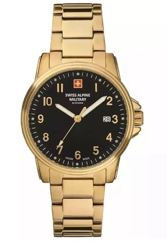 Swiss Alpine Military Leader Ladies Gold Tone Stainless Steel Black Dial Quartz 7711.1117 100M Women's Watch - Swiss Alpine Military
