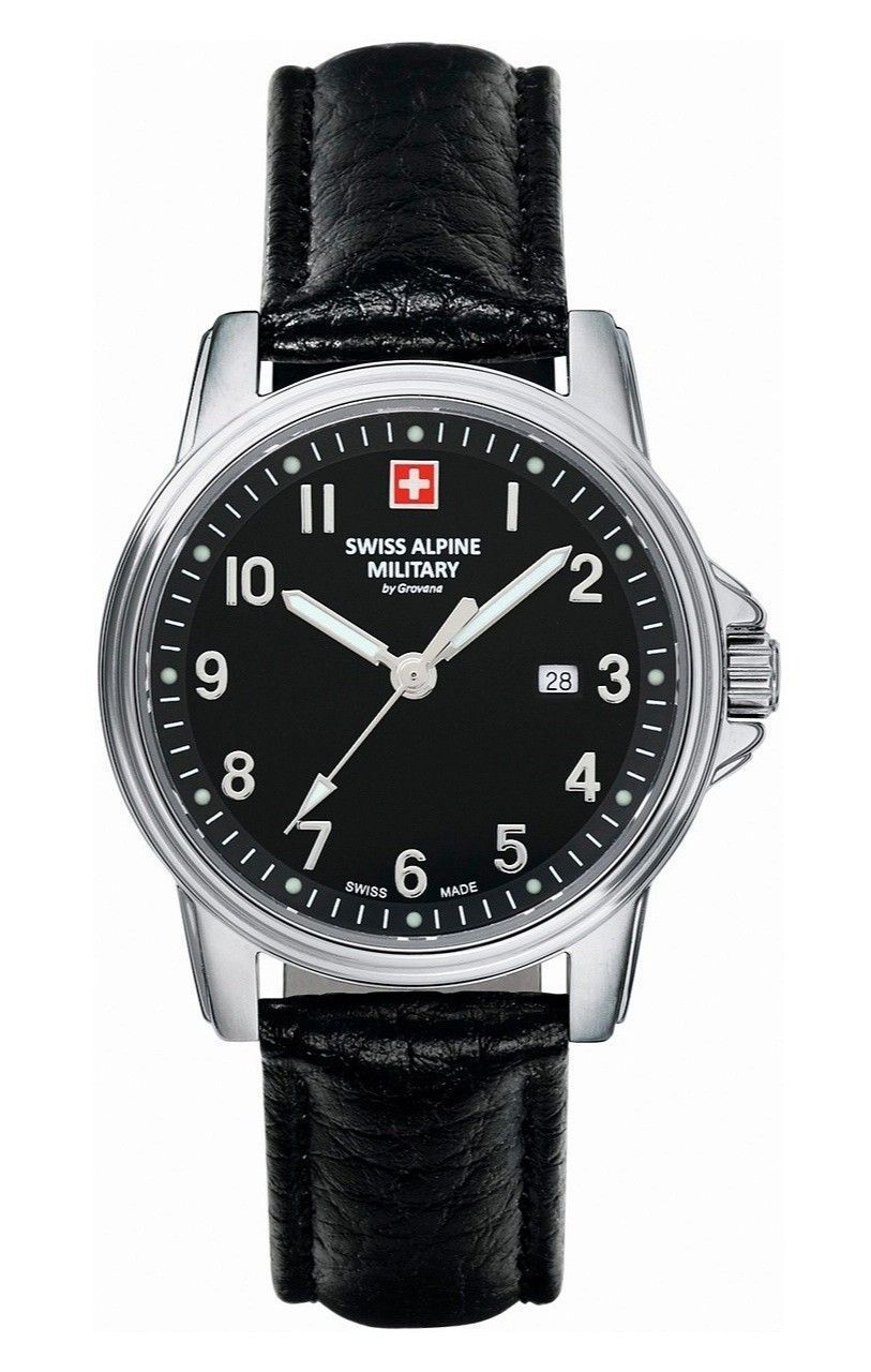 Swiss Alpine Military Leader Ladies Leather Strap Black Dial Quartz 7711.1537 100M Women's Watch - Swiss Alpine Military