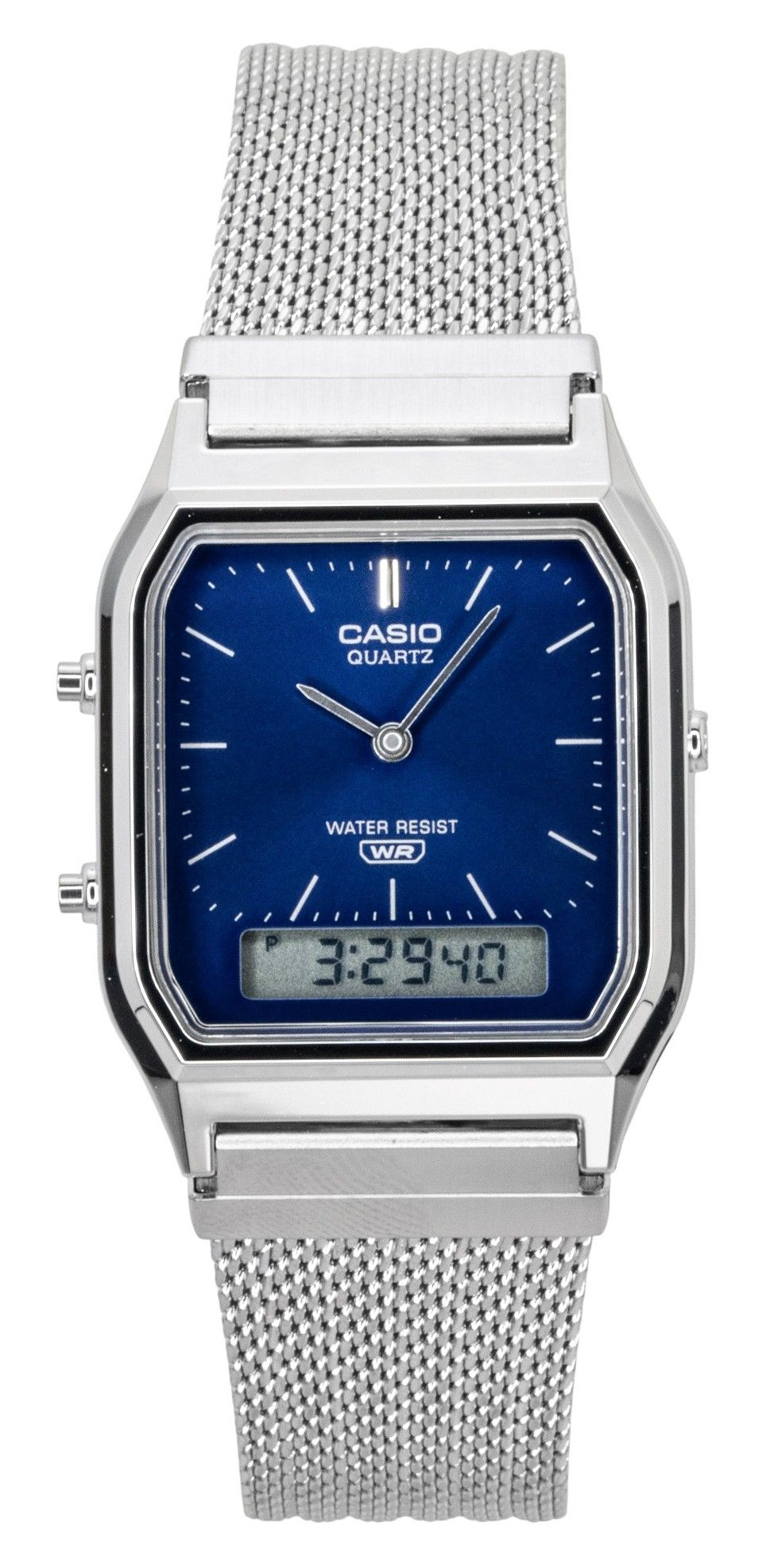 Casio Vintage Analog Digital Stainless Steel Mesh Bracelet Blue Dial Quartz AQ-230EM-2A Unisex Watch - Casio
