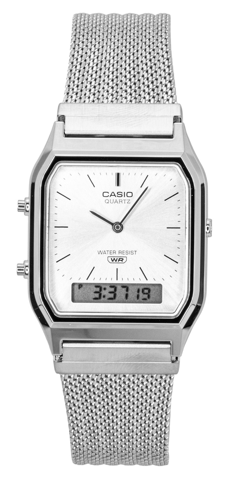 Casio Vintage Analog Digital Stainless Steel Mesh Bracelet Silver Dial Quartz AQ-230EM-7A Unisex Watch - Casio
