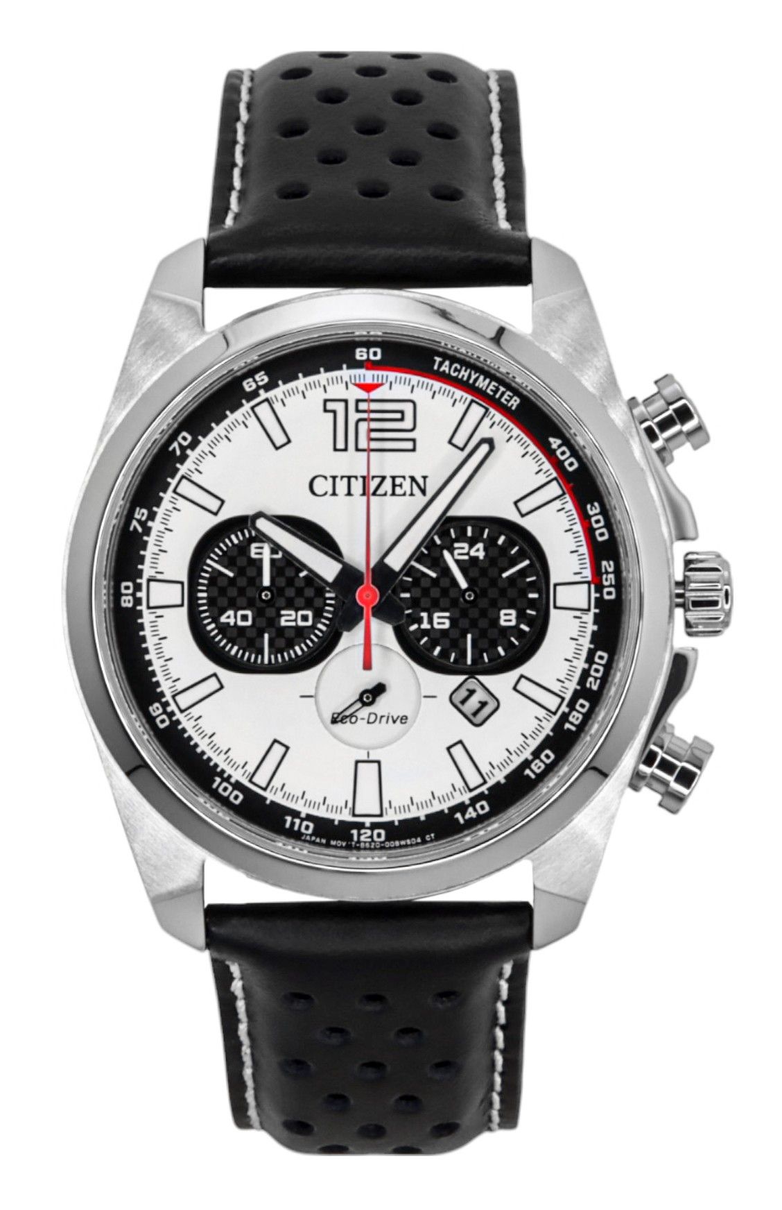 Citizen Eco-Drive Chronograph Leather Strap White Dial CA4640-09A 100M Men's Watch - Citizen
