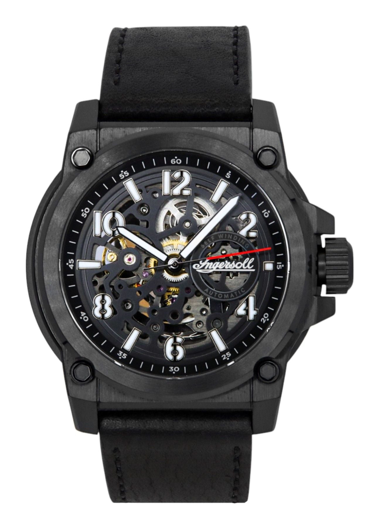 Ingersoll The Anvil Leather Strap Black Skeleton Dial Automatic I16602 Men's Watch - Ingersoll