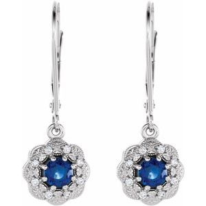 14K White Natural Blue Sapphire & 1/10 CTW Natural Diamond Halo-Style Earrings - BN & CO JEWELRY