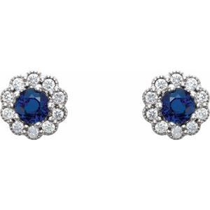 14K White 3.2 mm Natural Blue Sapphire & 1/6 CTW Natural Diamond Earrings - BN & CO JEWELRY