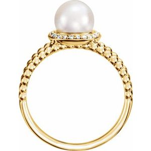 14K Yellow Cultured White Freshwater Pearl & .08 CTW Natural Diamond Halo-Style Beaded Ring - BN & CO JEWELRY