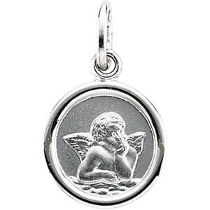 14K White 10 mm Round Cherub Angel Medal - BN & CO JEWELRY