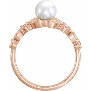 14K Rose Cultured White Freshwater Pearl & 1/10 CTW Natural Diamond Leaf Ring - BN & CO JEWELRY