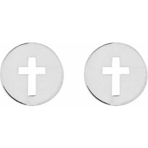 14K White 8 mm Pierced Cross Disc Earrings - BN & CO JEWELRY