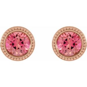 14K Rose 6 mm Natural Pink Tourmaline Beaded Bezel-Set Earrings - BN & CO JEWELRY