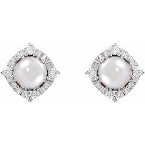 Sterling Silver Cultured Freshwater Pearl & .08 CTW Natural Diamond Halo-Style Earrings - BN & CO JEWELRY
