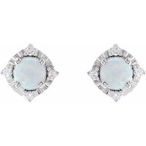 14K White Lab-Grown White Opal & .08 CTW Natural Diamond Halo-Style Earrings - BN & CO JEWELRY