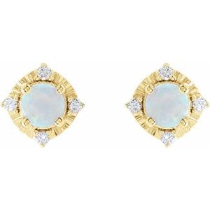 14K Yellow Lab-Grown White Opal & .08 CTW Natural Diamond Halo-Style Earrings - BN & CO JEWELRY