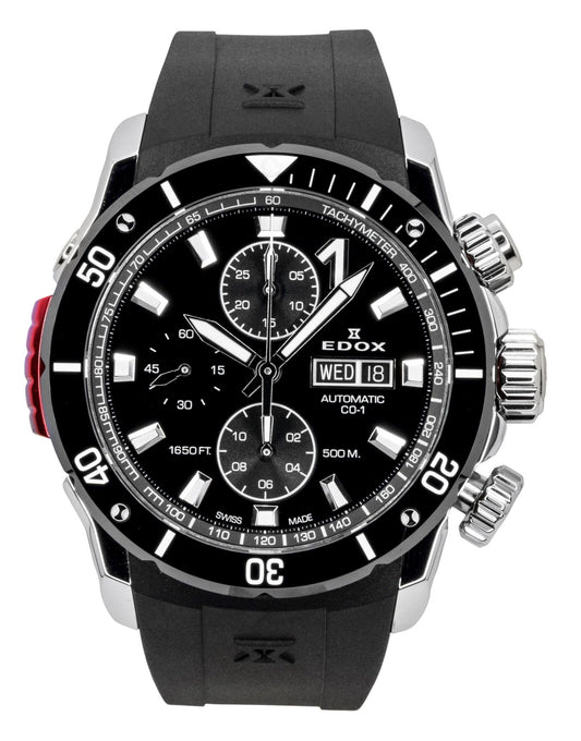 Edox CO-1 Chronograph Rubber Strap Black Dial Automatic Diver's 01128-3NRCA-NN 500M Men's Watch - Edox