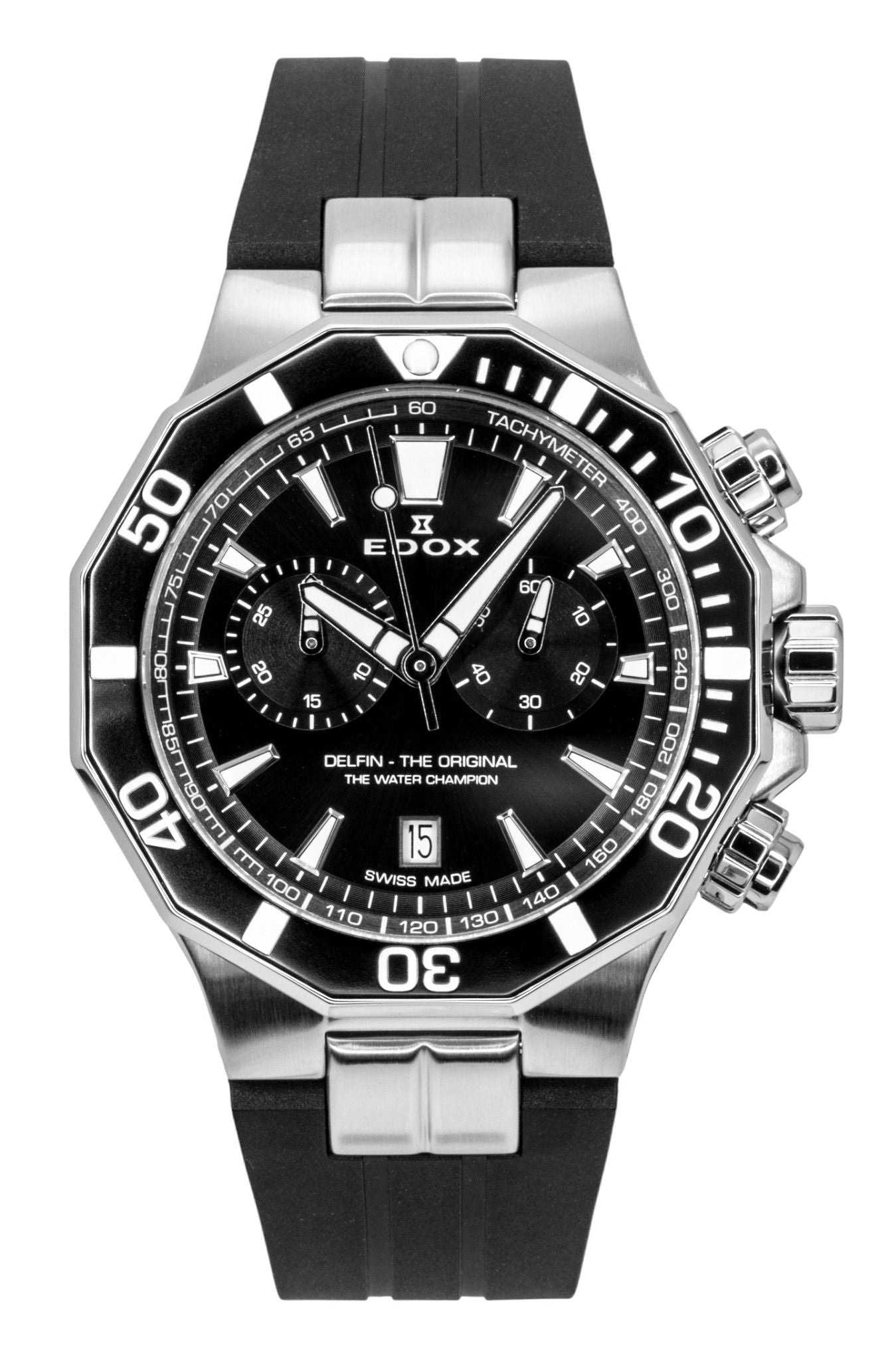 Edox Delfin The Original Chronograph Rubber Strap Black Dial Quartz Diver's 10112-3NCA-NIN 200M Men's Watch - Edox