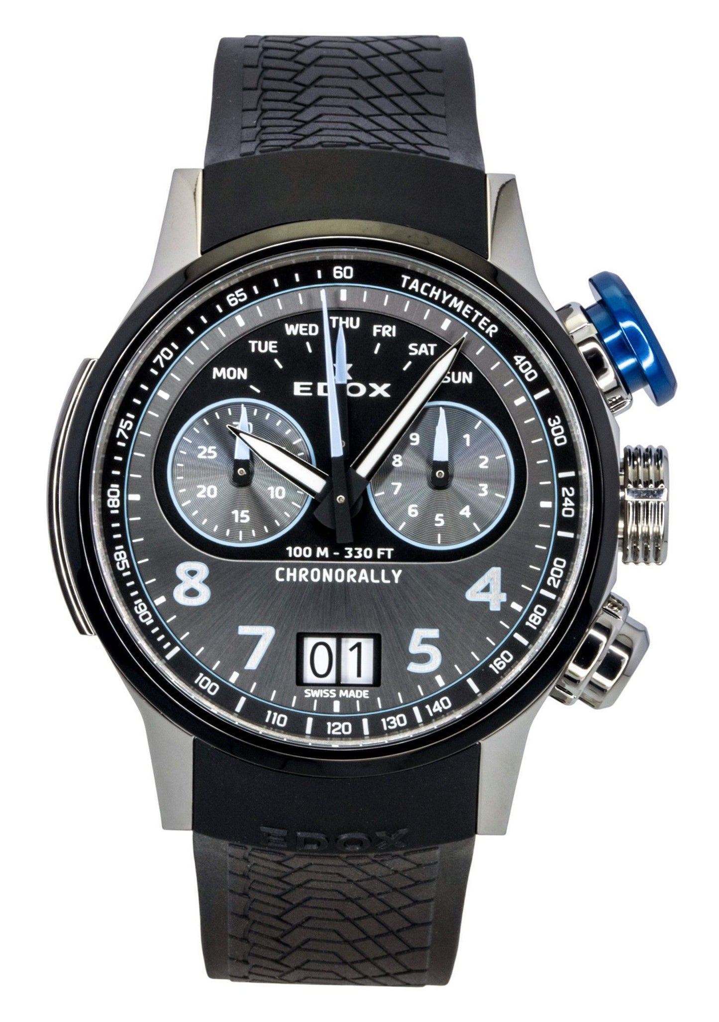 Edox Chronorally Chronograph Rubber Strap Grey Dial Quartz 38003-TINBU-GNBU 100M Men's Watch - Edox