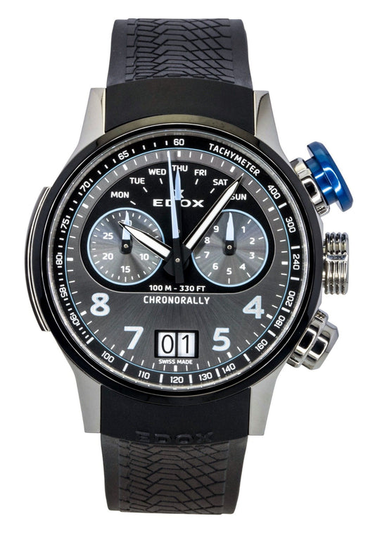 Edox Chronorally Chronograph Rubber Strap Grey Dial Quartz 38003-TINBU-GNBU 100M Men's Watch - Edox