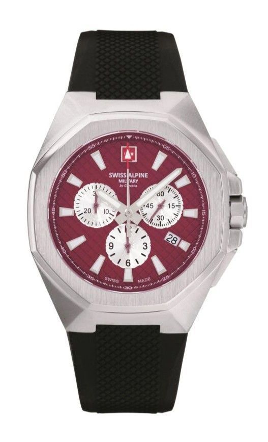 Swiss Alpine watch with black strap and red face on a white background