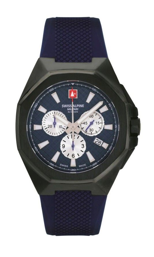 Swiss Alpine watch with blue strap and detailed face on a white background