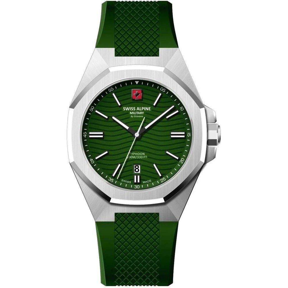 Green watch with a detailed face on a white background