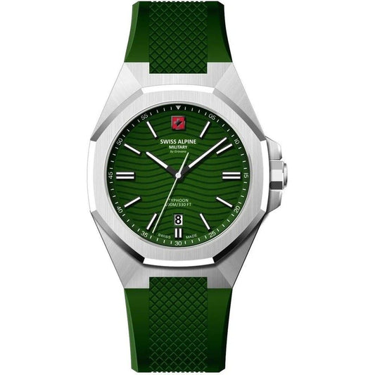 Green watch with a detailed face on a white background