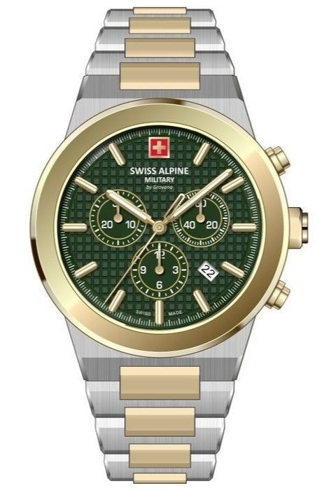 Swiss Alpine Military Pioneer Chronograph Two Tone Stainless Steel Green Dial Quartz 7048.9144 100M Men's Watch - Swiss Alpine Military