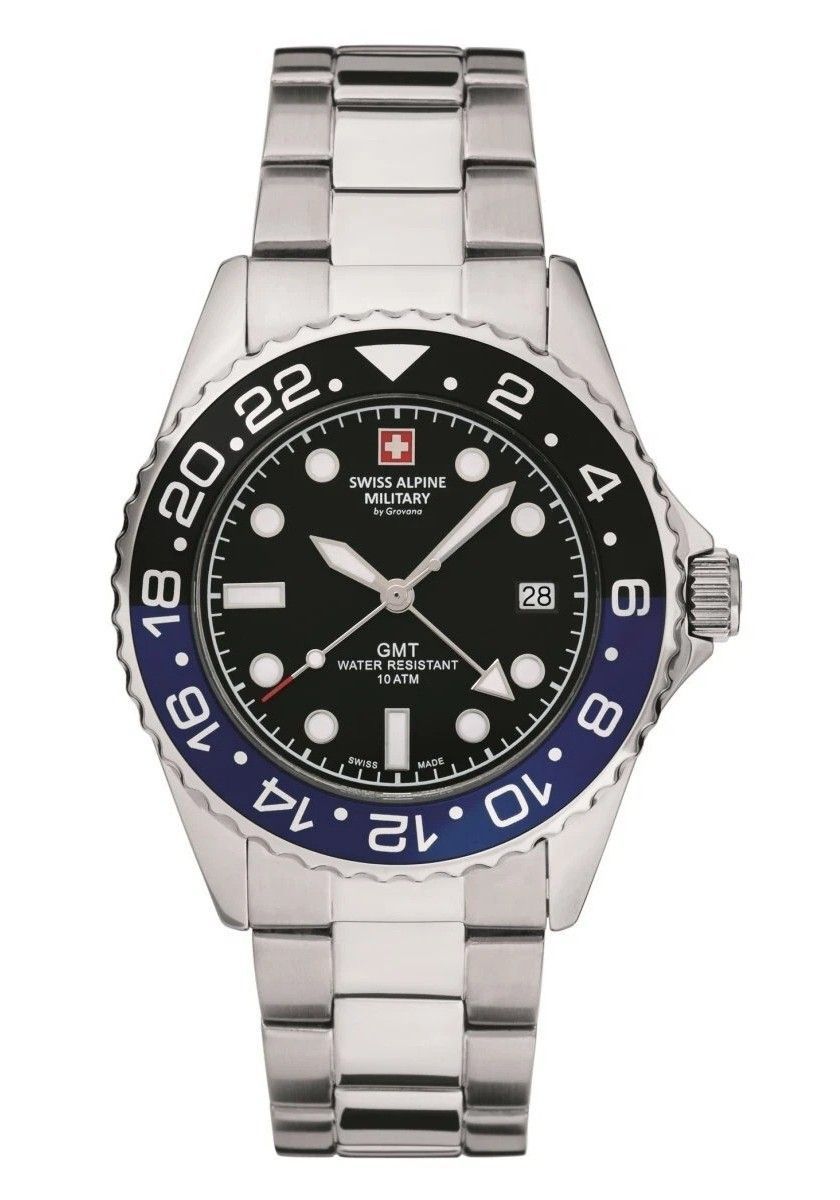 Swiss Alpine Military Master Diver GMT Stainless Steel Black Dial Quartz 7052.1132 100M Men's Watch - Swiss Alpine Military
