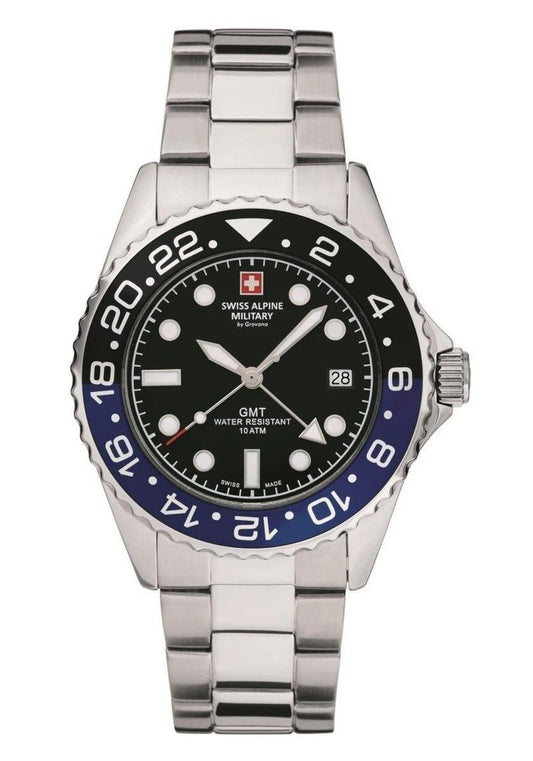 Swiss Alpine Military Master Diver GMT Stainless Steel Black Dial Quartz 7052.1132 100M Men's Watch - Swiss Alpine Military