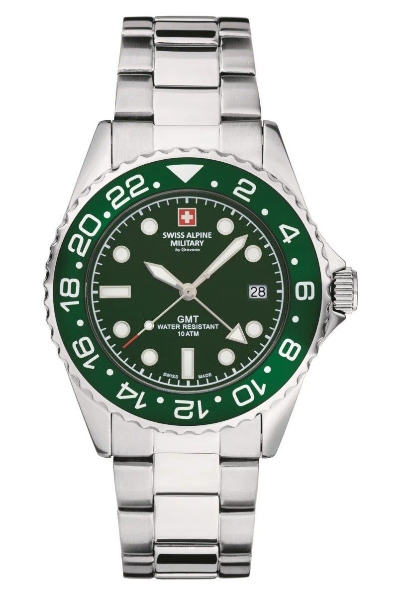 Swiss Alpine Military Master Diver GMT Stainless Steel Green Dial Quartz 7052.1134 100M Men's Watch - Swiss Alpine Military