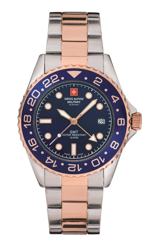 Swiss Alpine Military Master Diver GMT Two Tone Stainless Steel Blue Dial Quartz 7052.1155 100M Men's Watch - Swiss Alpine Military