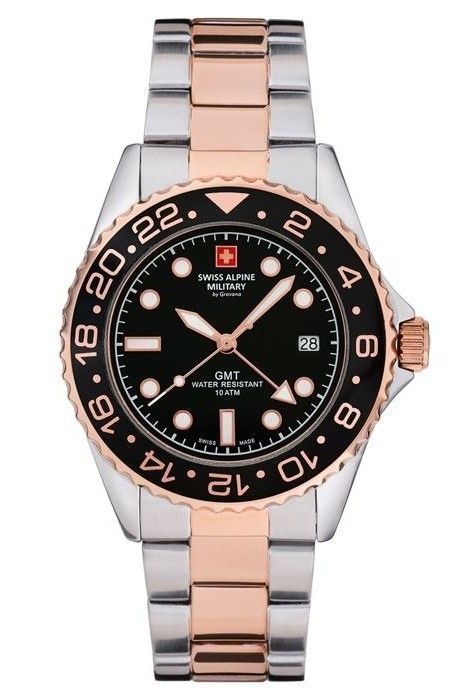 Swiss Alpine Military Master Diver GMT Two Tone Stainless Steel Black Dial Quartz 7052.1157 100M Men's Watch - Swiss Alpine Military
