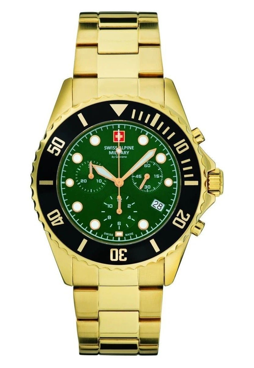 Swiss Alpine Military Master Diver Chronograph Stainless Steel Green Dial Quartz 7053.9114 100M Men's Watch - Swiss Alpine Military