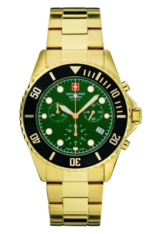 Swiss Alpine Military Master Diver Chronograph Stainless Steel Green Dial Quartz 7053.9114 100M Men's Watch - Swiss Alpine Military