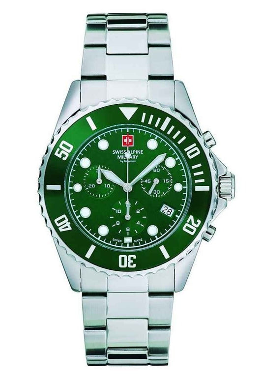 Swiss Alpine Military Master Diver Chronograph Stainless Steel Green Dial Quartz 7053.9134 100M Men's Watch - Swiss Alpine Military
