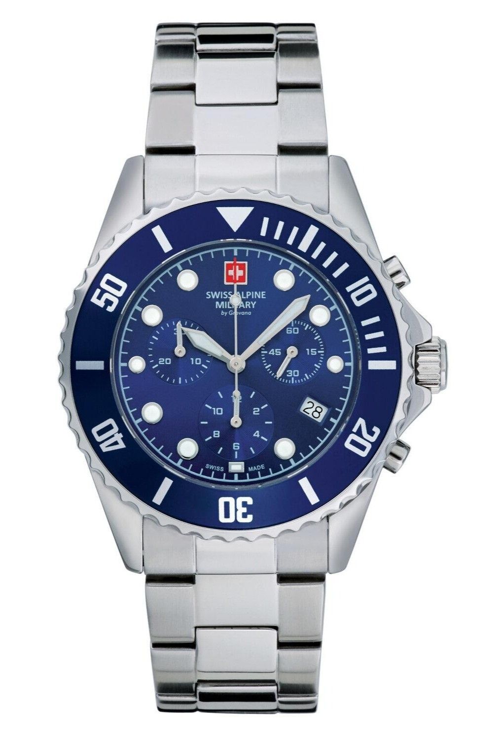 Swiss Alpine Military Master Diver Chronograph Stainless Steel Blue Dial Quartz 7053.9135 100M Men's Watch - Swiss Alpine Military