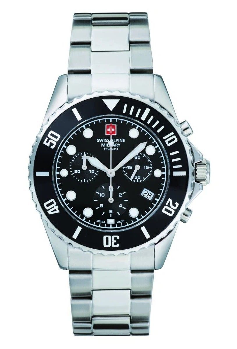 Swiss Alpine Military Master Diver Chronograph Stainless Steel Black Dial Quartz 7053.9137 100M Men's Watch - Swiss Alpine Military