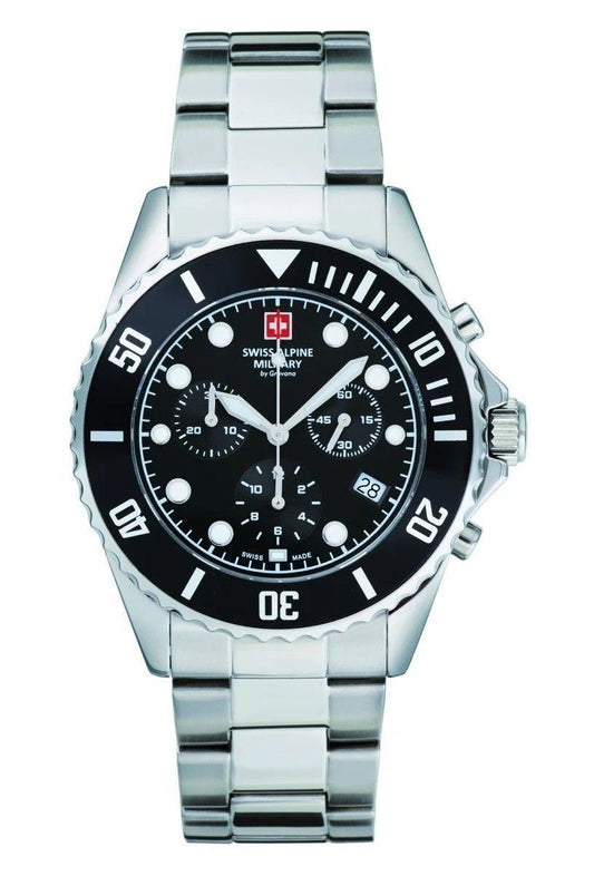Swiss Alpine Military Master Diver Chronograph Stainless Steel Black Dial Quartz 7053.9137 100M Men's Watch - Swiss Alpine Military