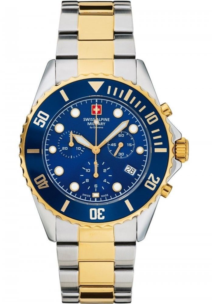 Swiss Alpine Military Master Diver Chronograph Two Tone Stainless Steel Blue Dial Quartz 7053.9145 100M Men's Watch - Swiss Alpine Military