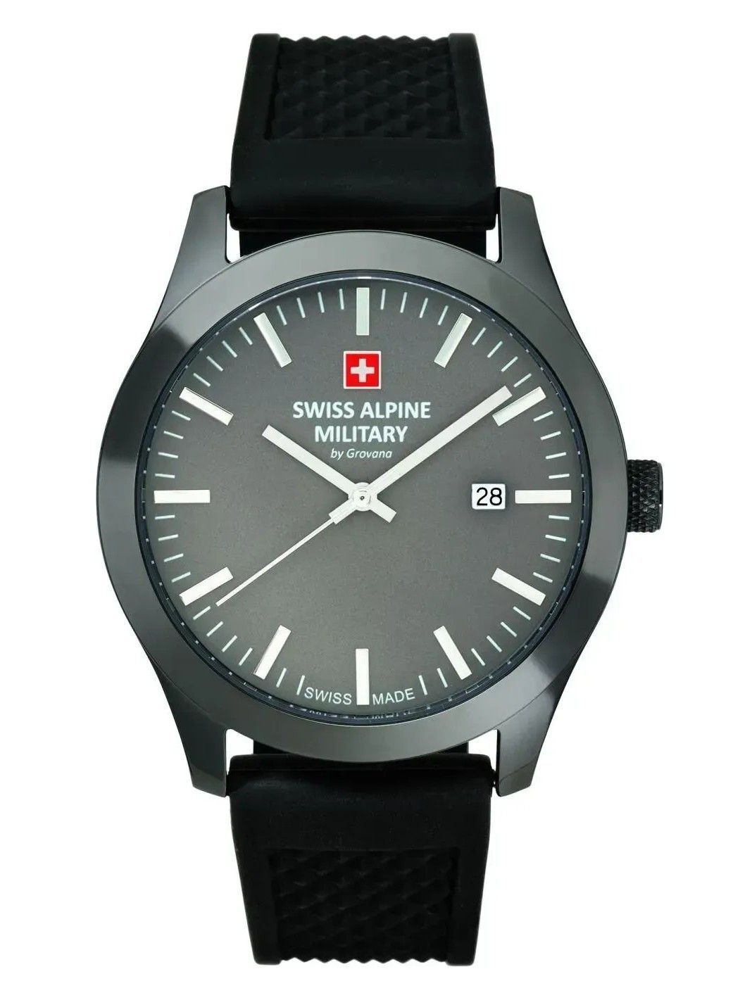 Swiss Alpine Military watch with black strap and gray dial on a white background