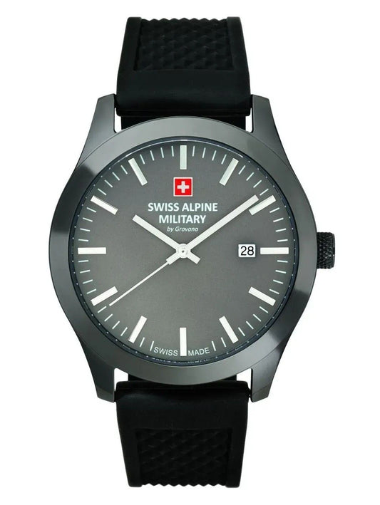 Swiss Alpine Military watch with black strap and gray dial on a white background