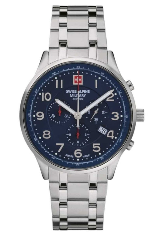 Swiss Alpine Military Skymaster Chronograph Stainless Steel Blue Dial Quartz 7084.9135 100M Men's Watch - Swiss Alpine Military