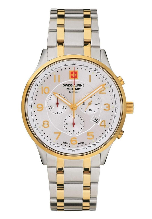 Swiss Alpine Military Skymaster Chronograph Two Tone Stainless Steel Silver Dial Quartz 7084.9142 100M Men's Watch - Swiss Alpine Military