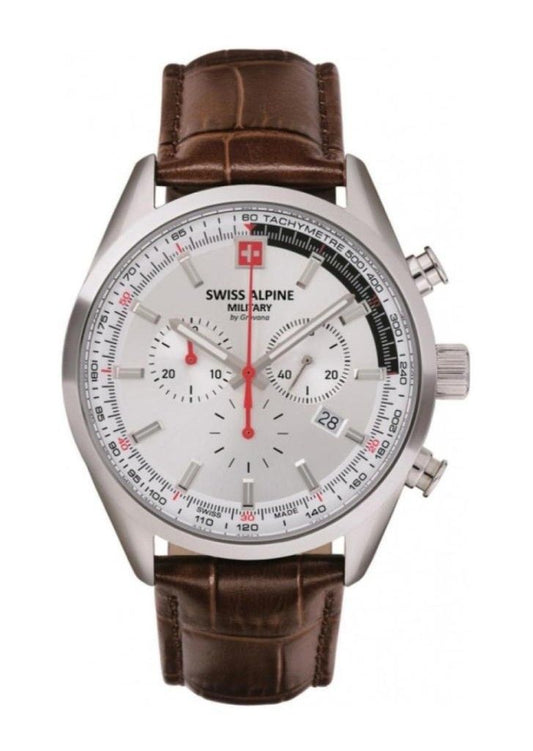 Swiss Alpine Military Pegasus Chronograph Leather Strap Silver Dial Quartz 7086.9532 100M Men's Watch - Swiss Alpine Military