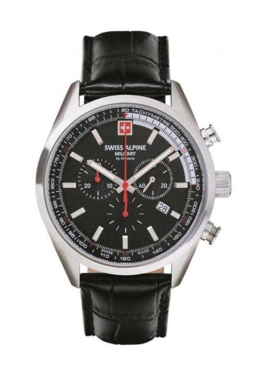 Swiss Alpine Military Pegasus Chronograph Leather Strap Black Dial Quartz 7086.9537 100M Men's Watch - Swiss Alpine Military