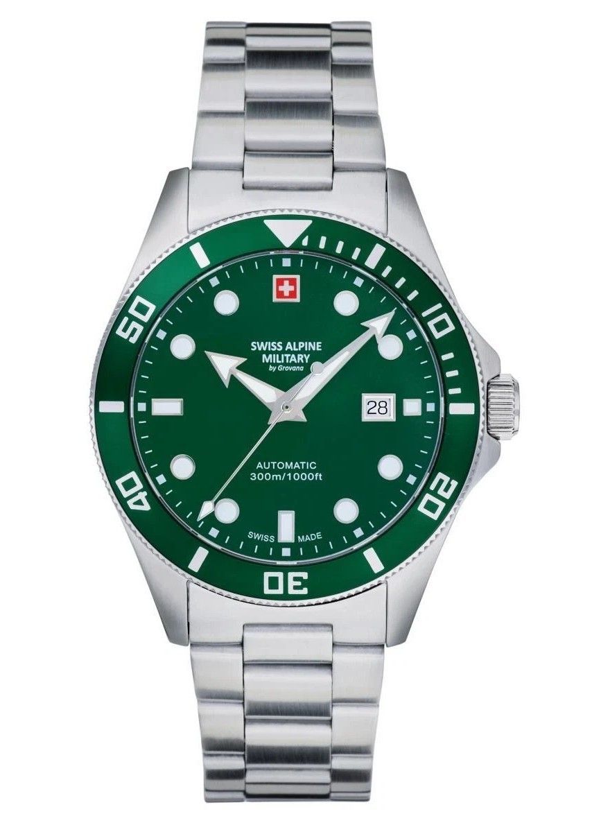 Swiss Alpine Military Deep Sea Stainless Steel Green Dial Automatic Diver's 7095.2134 300M Men's Watch - Swiss Alpine Military