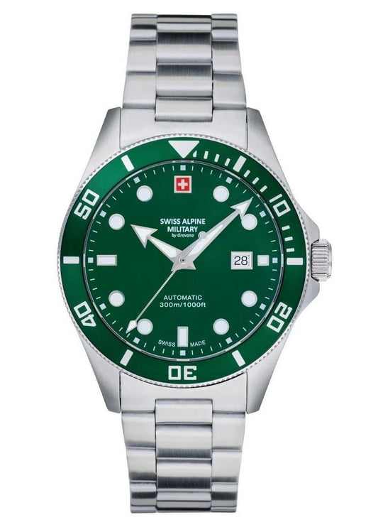 Swiss Alpine Military Deep Sea Stainless Steel Green Dial Automatic Diver's 7095.2134 300M Men's Watch - Swiss Alpine Military