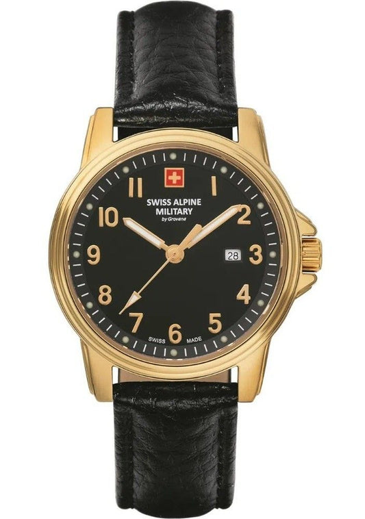 Swiss Alpine Military Leader Ladies Leather Strap Black Dial Quartz 7711.1517 100M Women's Watch - Swiss Alpine Military