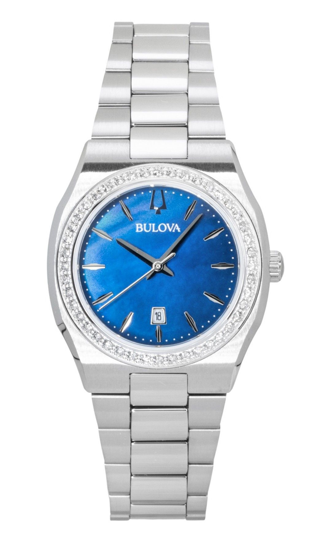 Bulova Surveyor Stainless Steel Diamond Accents Blue Mother Of Pearl Dial Quartz 96R246 Women's Watch - Bulova